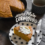 Sweet Potato Cornbread is slightly sweet and perfect paired with honey butter. Find the recipe on Shutterbean.com