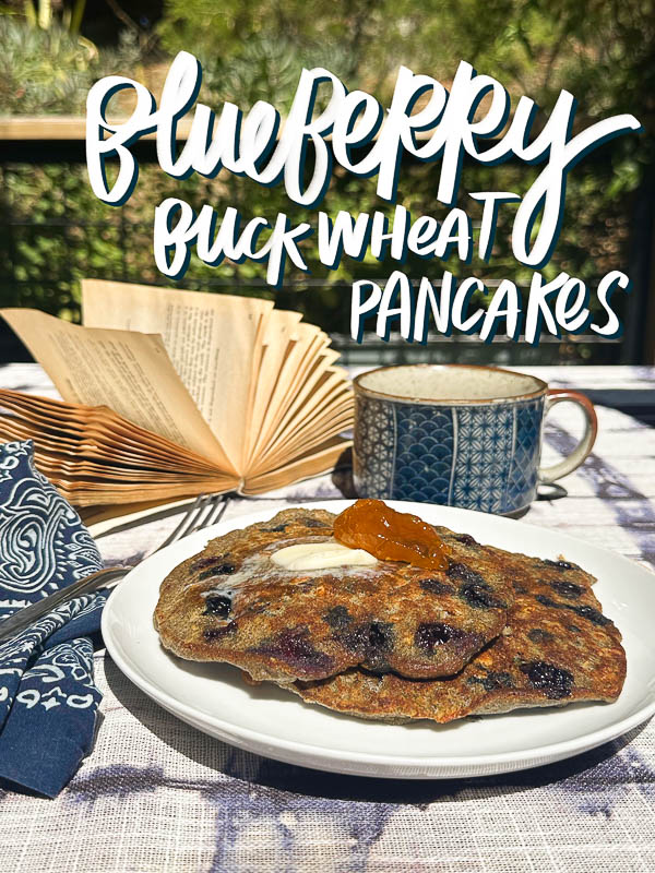 Blueberry Buckwheat Pancakes are made with buckwheat and oats and studded with juicy blueberries. Find the recipe on Shutterbean.com!