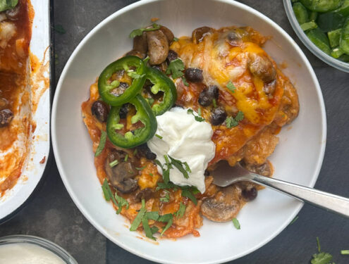 Looking for a delicious meatless meal? This Mushroom Enchilada Casserole is packed with savory mushrooms, cheesy goodness, and bold enchilada sauce. Perfect for weeknight dinners or meal prep! #VegetarianRecipe #EnchiladaCasserole #MushroomRecipes #EasyDinner #MeatlessMonday #Shutterbean